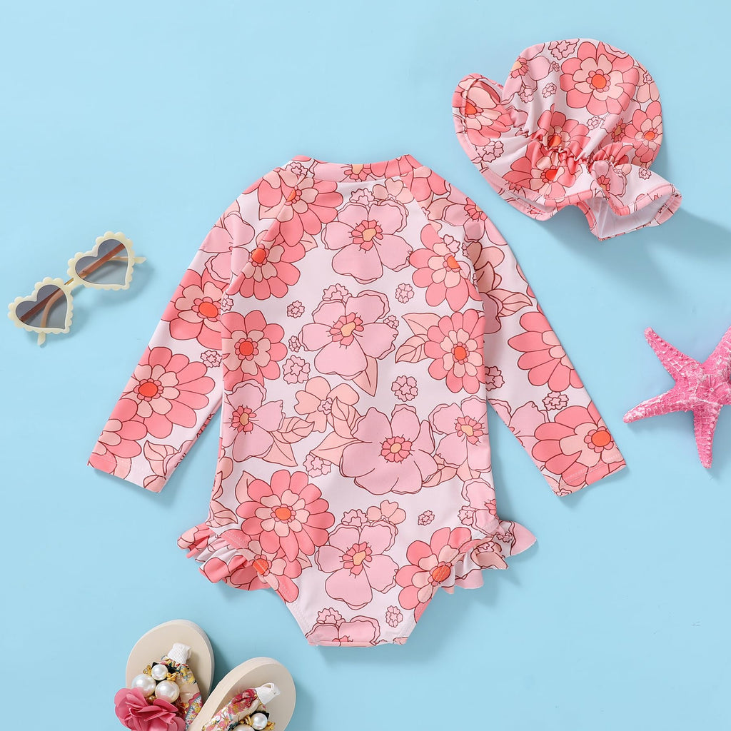 Infant Baby Girl Swimsuit One-Piece Long Sleeve Rash Guard with Hat Set Floral Zipper Bathing Suit Leopard Beach Wear(Pink#Flower, 0-3 Months)