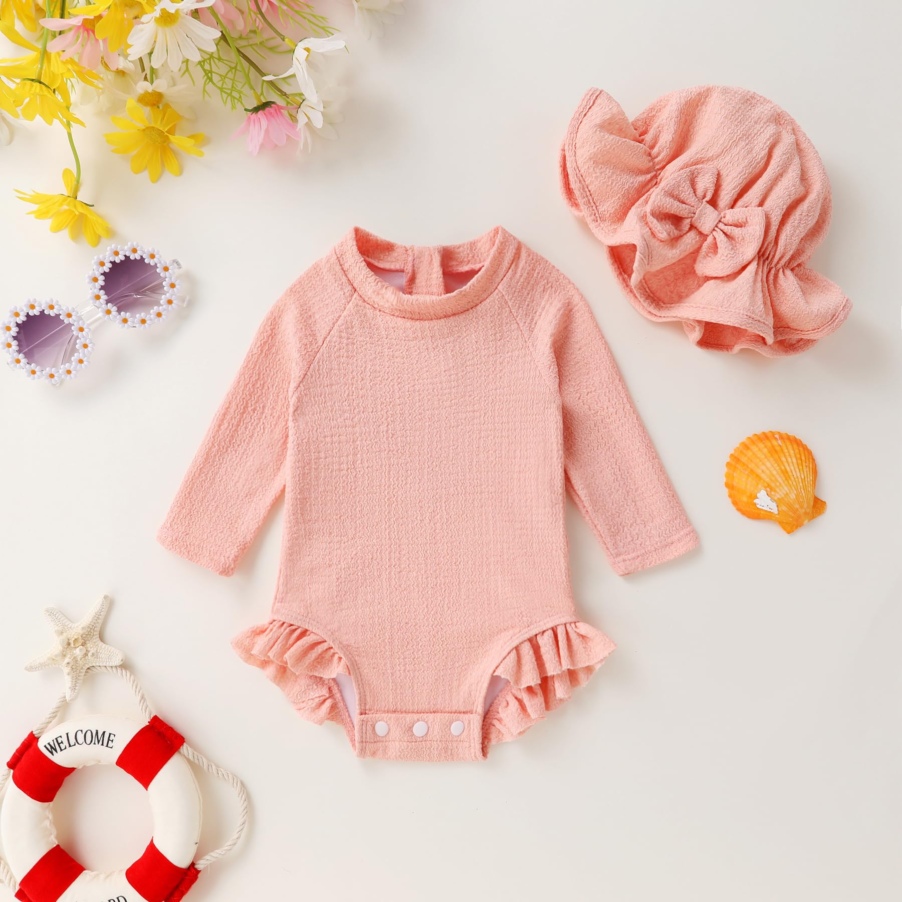 YOUNGER TREE Infant Baby Girls Long Sleeve Swimsuit One Piece Swimsuit Solid Color Bathing Suit with Hat, UPF 50+（Shallow Pink, 18-24 Months）
