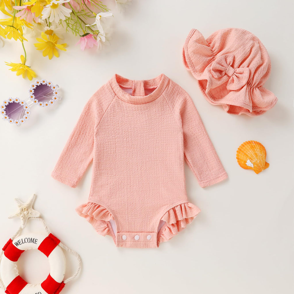 YOUNGER TREE Infant Baby Girls Long Sleeve Swimsuit One Piece Swimsuit Solid Color Bathing Suit with Hat, UPF 50+（Shallow Pink, 18-24 Months）