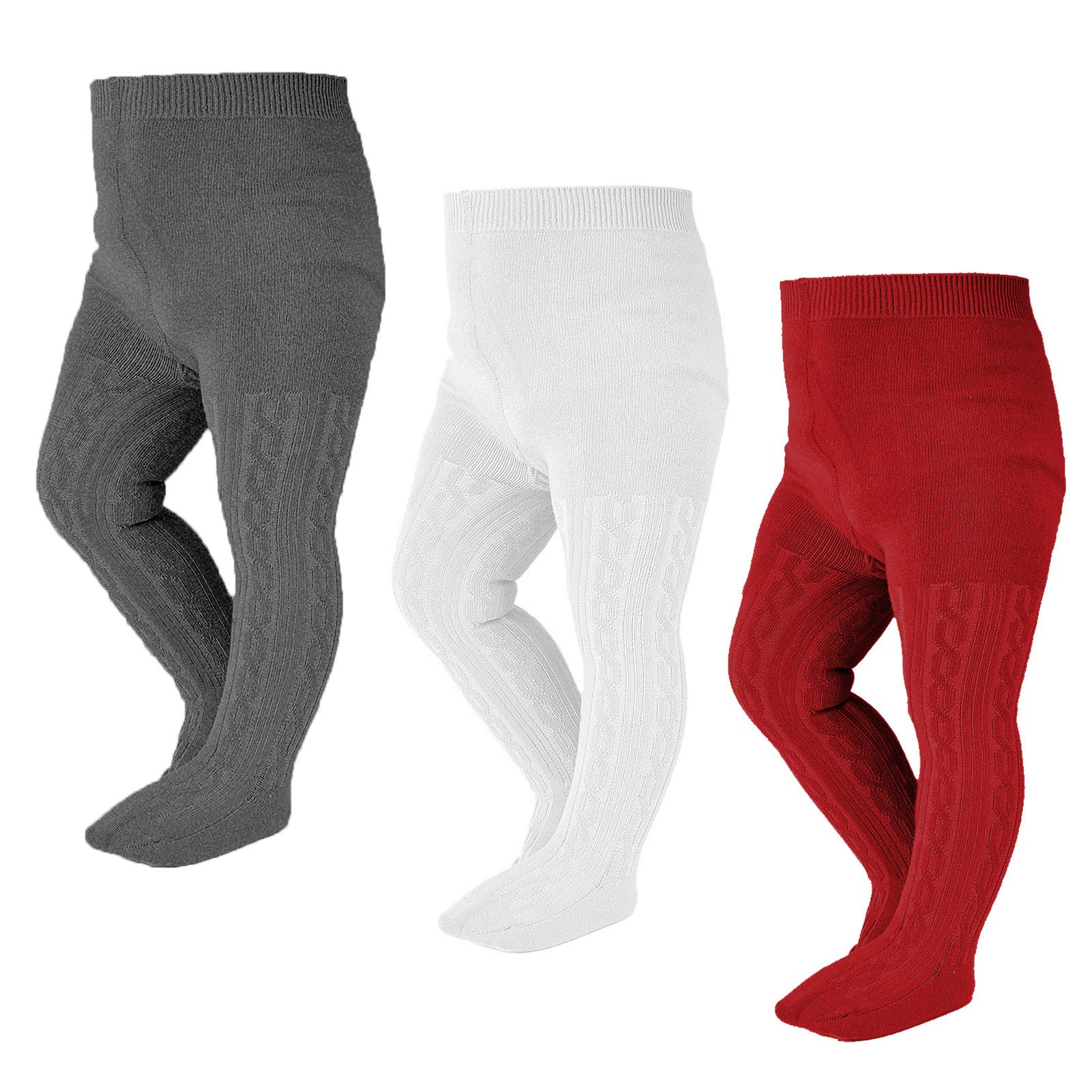 EPEIUS Infant Girl Tights Baby Girl Seamless Cable Knit Leggings Solid Cotton Stockings Footed Pants for 6-12 Months 3 Pair Pack,White/Dark Grey/Burgundy