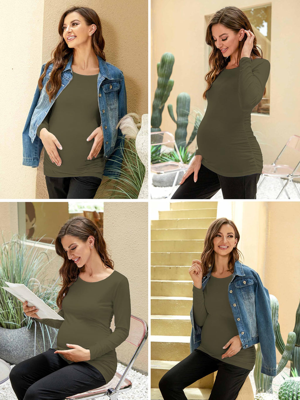 Ecavus Women's 3-Pack Maternity Shirts Long Sleeve Soft Stretchy Pregnancy Tops Side Ruched Casual Mama Clothes