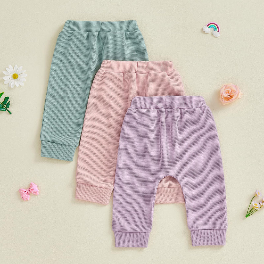 Sejardin Toddler Baby Boy Girl Pants 3 Pack Solid Color Elastic Waist Jogger Sweatpants Newborn Infant Casual Bottoms (Waffle Green Pink Purple, 0-6 Months)