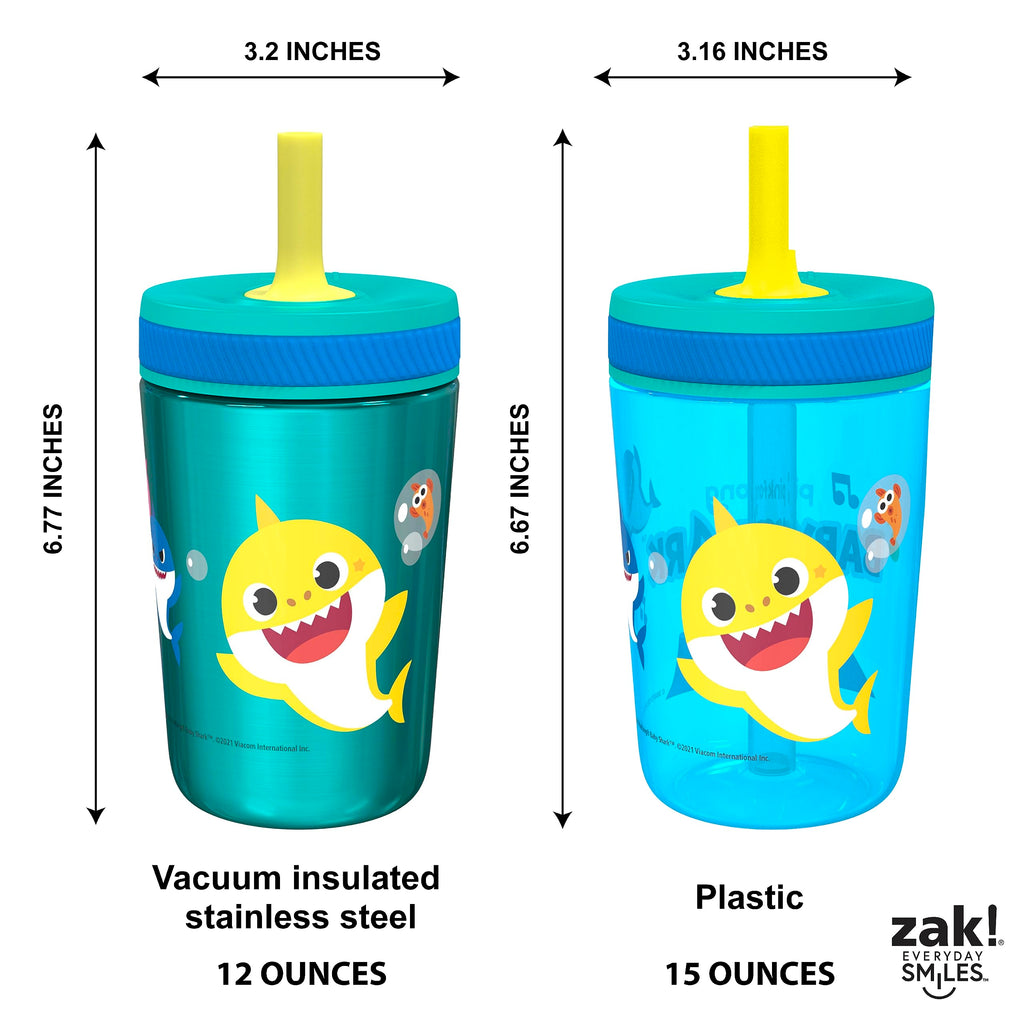 Zak Designs Baby Shark Kelso Tumbler Set, Leak-Proof Screw-On Lid with Straw, Bundle for Kids Includes Plastic and Stainless Steel Cups with Bonus Sipper (3pc Set, Non-BPA)