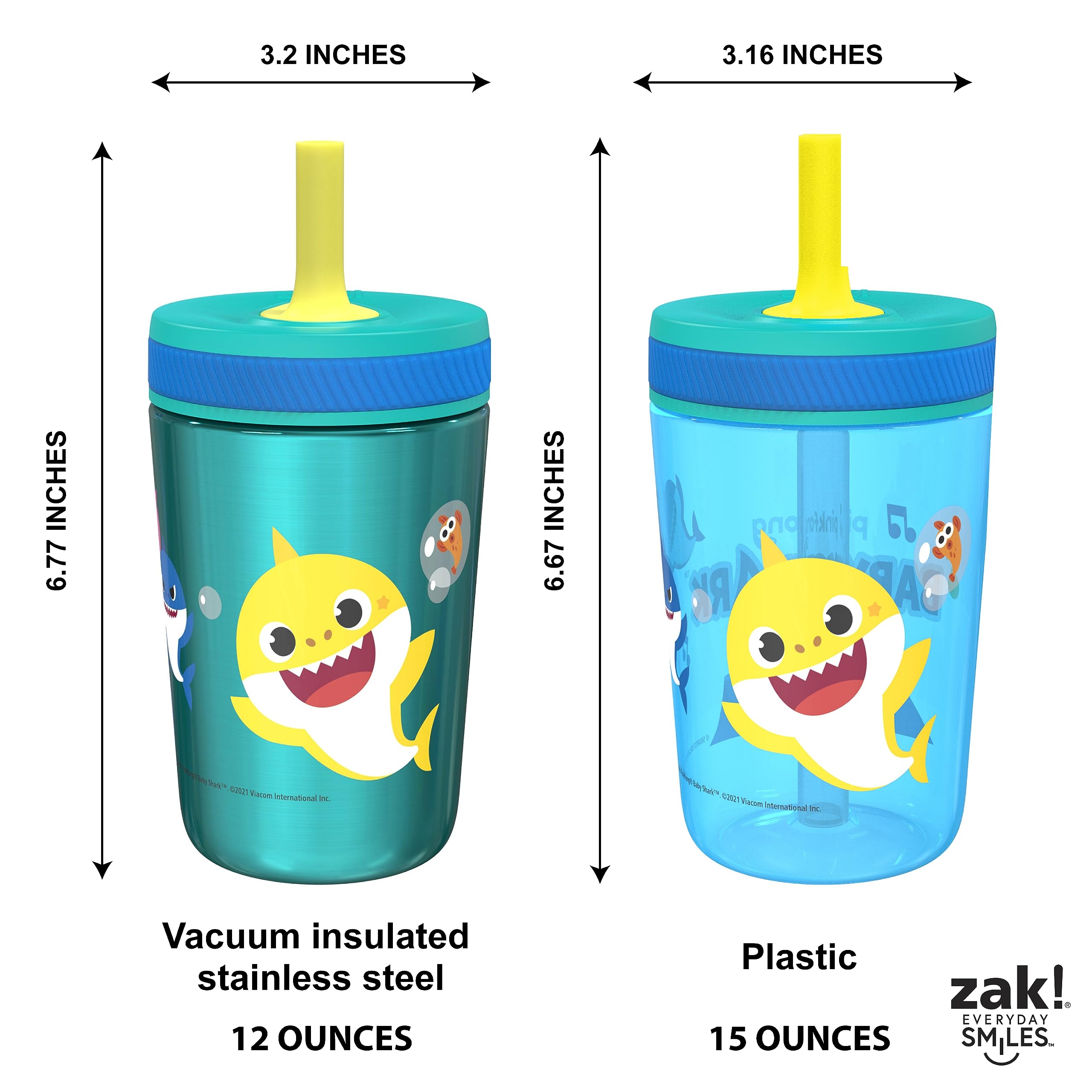 Zak Designs Baby Shark Kelso Tumbler Set, Leak-Proof Screw-On Lid with Straw, Bundle for Kids Includes Plastic and Stainless Steel Cups with Bonus Sipper (3pc Set, Non-BPA)