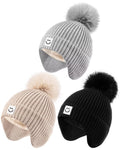 Alepo 3 Pack Baby Winter Hats with Earflaps, 2 Size Kids Pom Pom Beanie with Warm Fleece Lined for Infant Toddler Children, Cute Smiley Face Knit Beanie Hats for Girls Boys-01