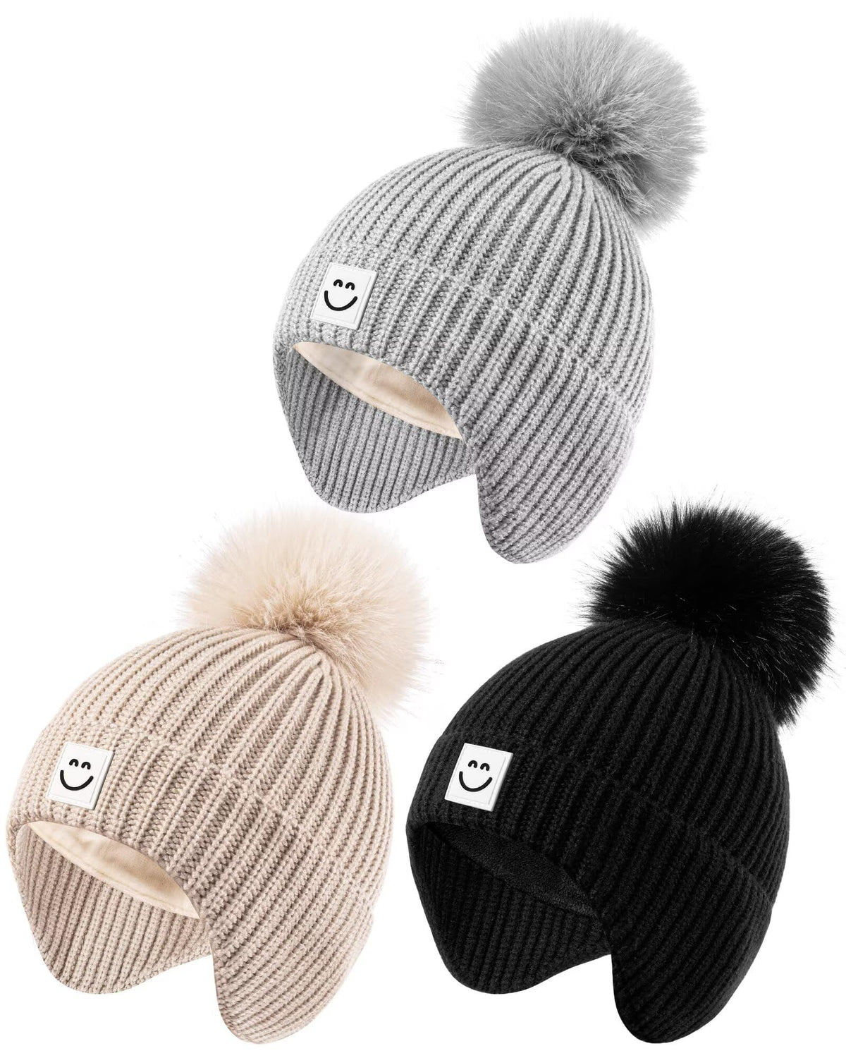 Alepo 3 Pack Baby Winter Hats with Earflaps, 2 Size Kids Pom Pom Beanie with Warm Fleece Lined for Infant Toddler Children, Cute Smiley Face Knit Beanie Hats for Girls Boys-01
