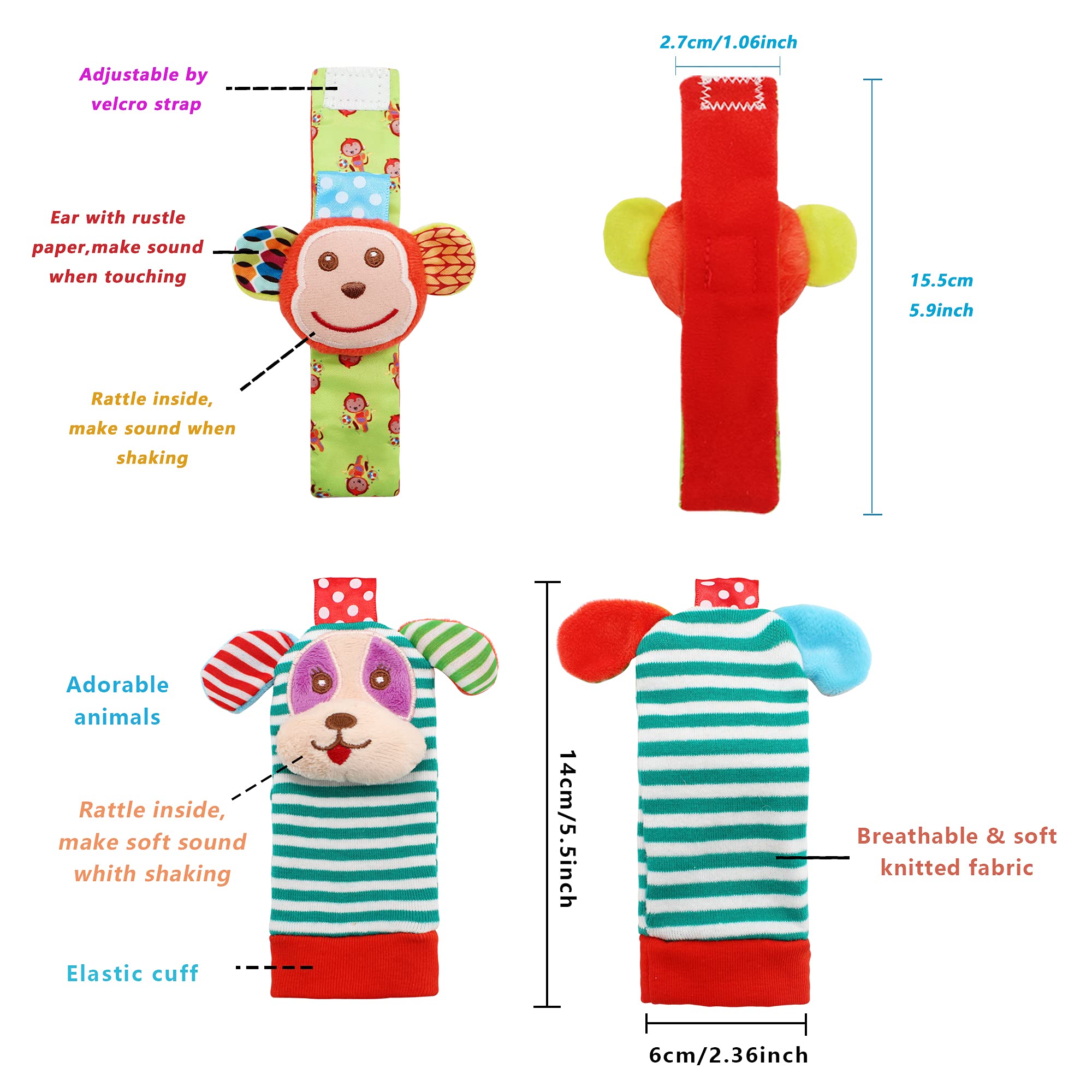 Wrist Rattles Foot Finder Rattle Toy for 0-4 Months Baby, Feet Leg Ankle Socks Arm Hand Bracelet Shaker for 4-8 Months Infant boy & Girl, Gift Set for 0-1 Years Newborn Babies (5 pcs-A)