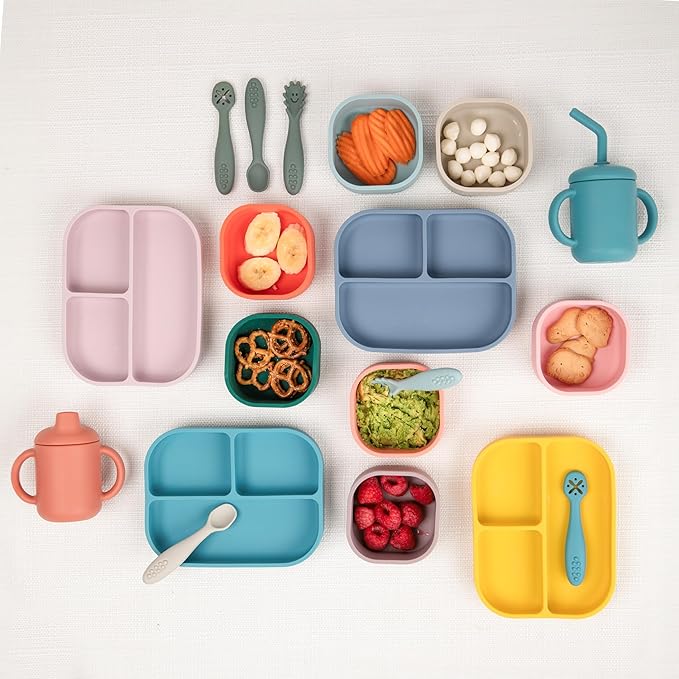 Bella Tunno Little Bites Bundle – Baby Feeding Set and Baby Led Weaning Supplies with 1 Baby Bowl, 1 Baby Plate, 3 Baby Utensils, 1 Cup, 2 Lids, 100% Food-Grade Silicone (Garden Party)