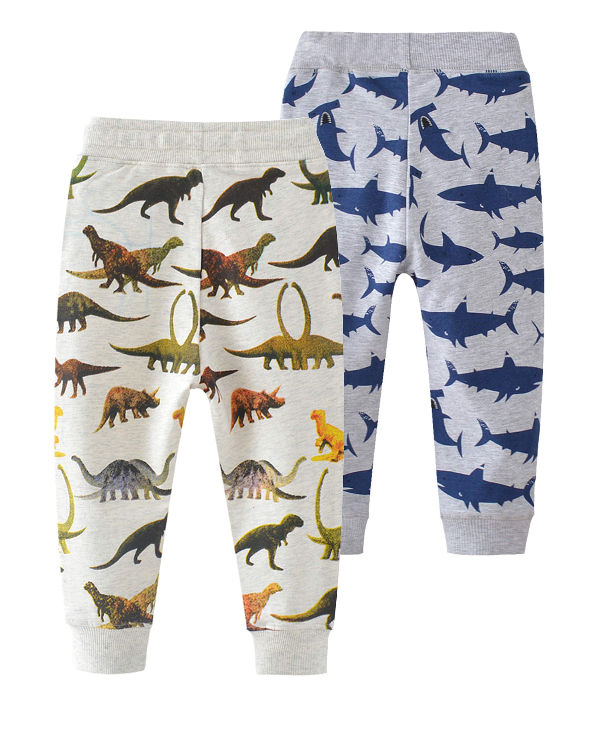 HUAER& Baby Boy's Jogger Pants Dinosaur Car Animal Print Drawstring Elastic Sweatpants 2-Pack (Dinosaur + Shark, 3T)