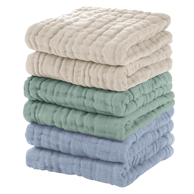 Muslin Baby Washcloths 6 Pack, 100% Cotton Wash Cloths for Babies, Large 12''X12'' Burp Cloths Absorbent and Soft for Newborn Infants Kids Boys Girls - Apricot Green Sapphire Blue