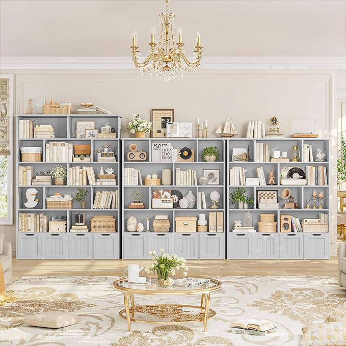 FINETONES 69" H Toy Storage Organizer, 6 Tier Tall Kids Bookshelf with 4 Movable Drawers and 12 Storage Cubbies, 49.4" W Toy Organizers and Storage Organizer Playroom Storage for Kids Room, Grey