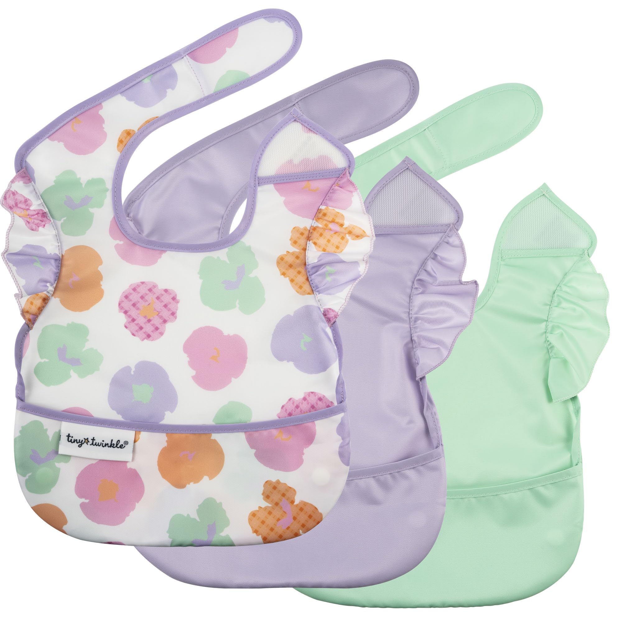 Tiny Twinkle Mess-Proof Baby Bibs for Eating | Waterproof, Wipeable Toddler Bibs with Catch-All Pocket | Feeding Bibs for Girls & Boys(3 Pack, Floral Pop)