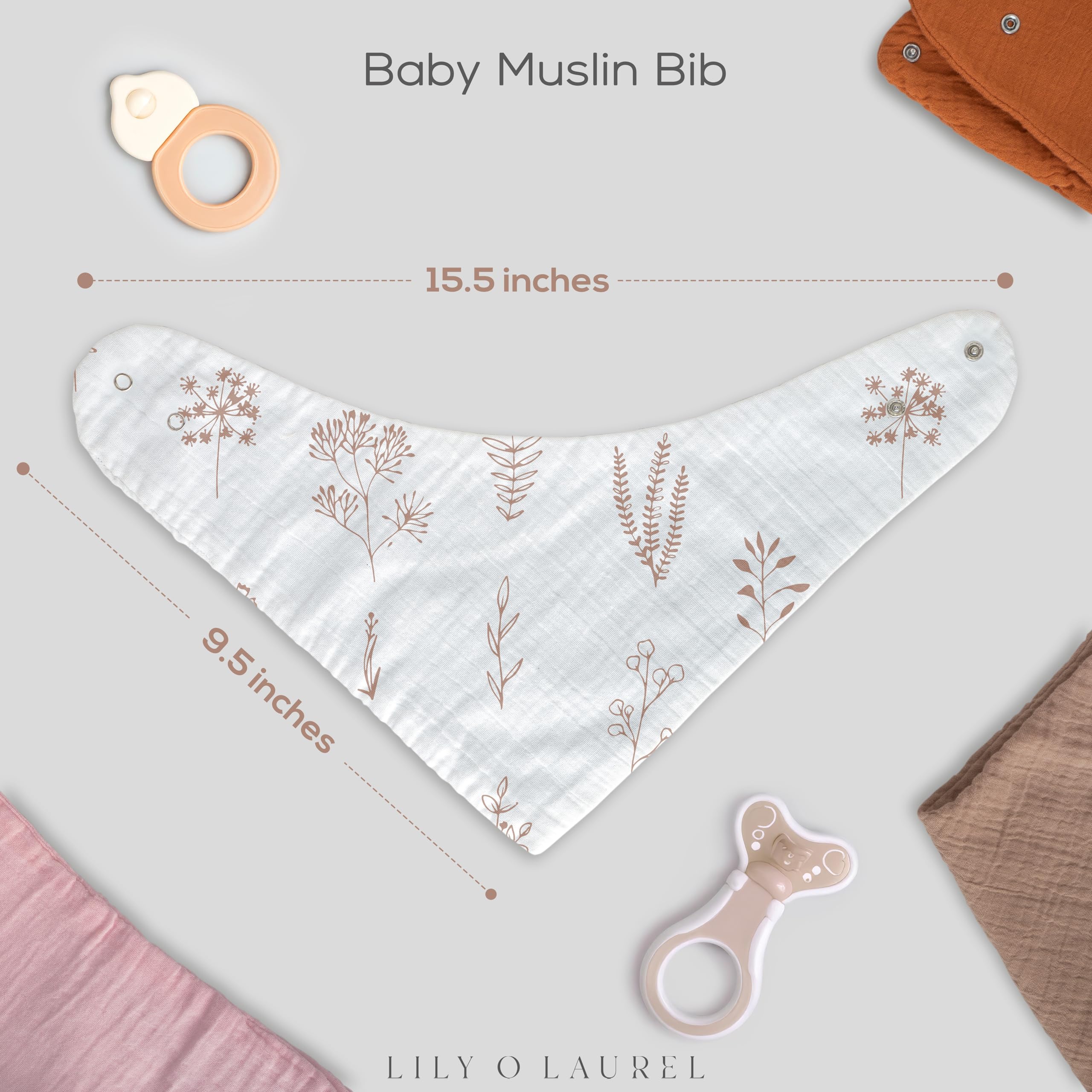 LILY O LAUREL Muslin baby bandana bibs for drooling and teething, 100% cotton, Baby bib for boys and girls, Muslin Bibs – Pack of 8