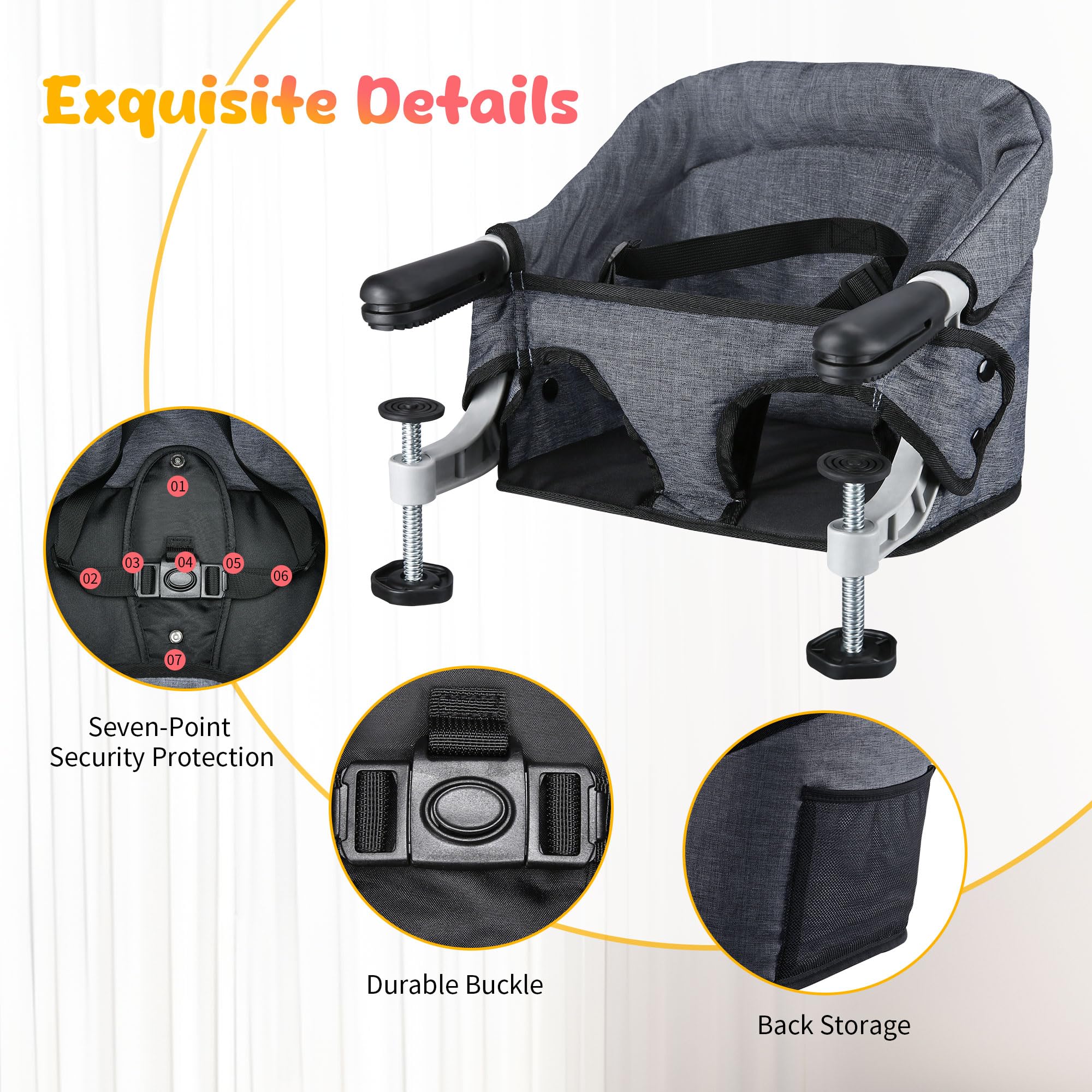 Toogel Hook On High Chair with Tray, Secure Harness & Alloy Clamp, Grey