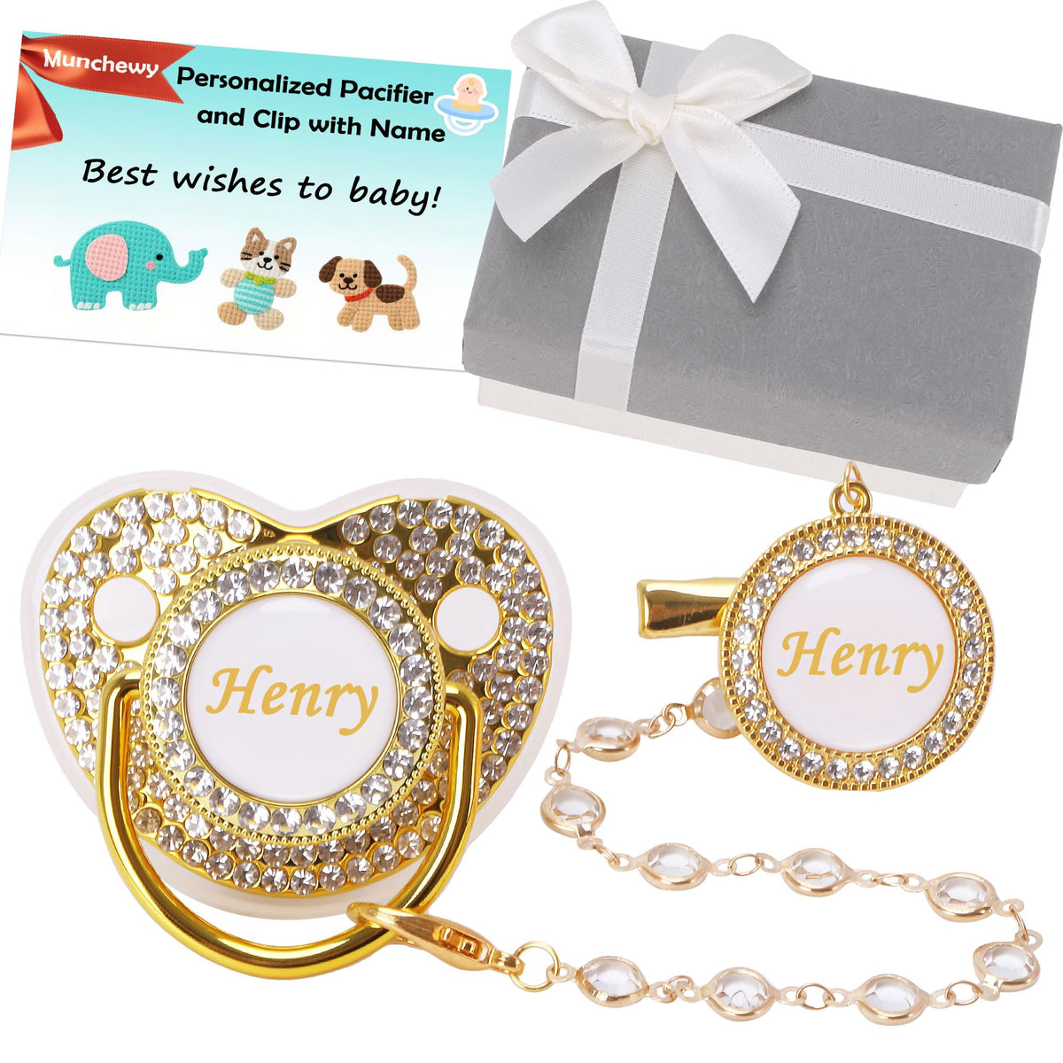 Munchewy Custom Baby Pacifier with Name and Clip for Newborns(White)