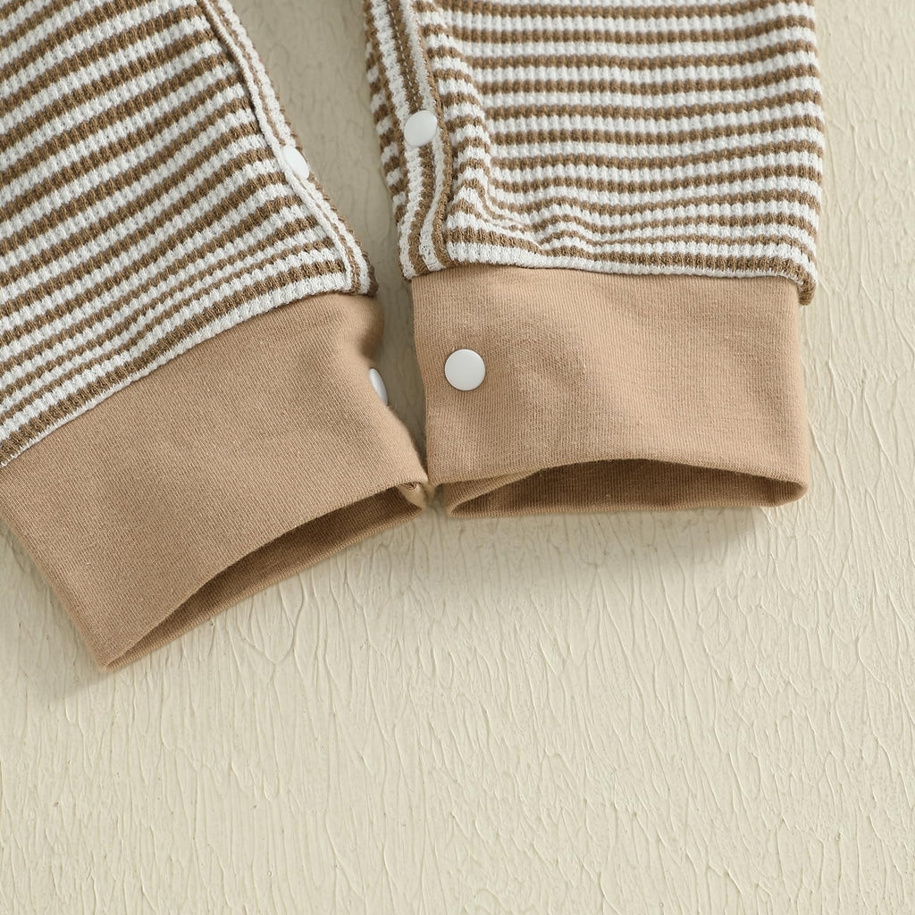 Kuriozud Newborn Infant Unisex Baby Boy Girl Clothes Button Romper Jumpsuit Basic One Piece Outfits Striped Striped Long Sleeve with Hat Khaki, 0-3 Months
