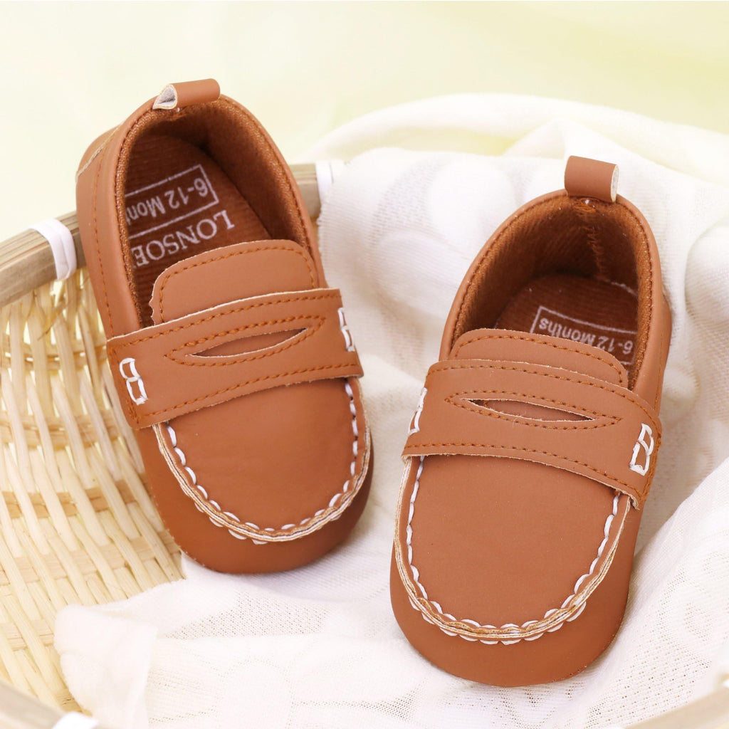 LONSOEN Baby Boys Girls Penny Loafers Infant Toddler Moccasins Soft Soles Dress Shoes with Box, BAY233 Brown 6-12months CN12