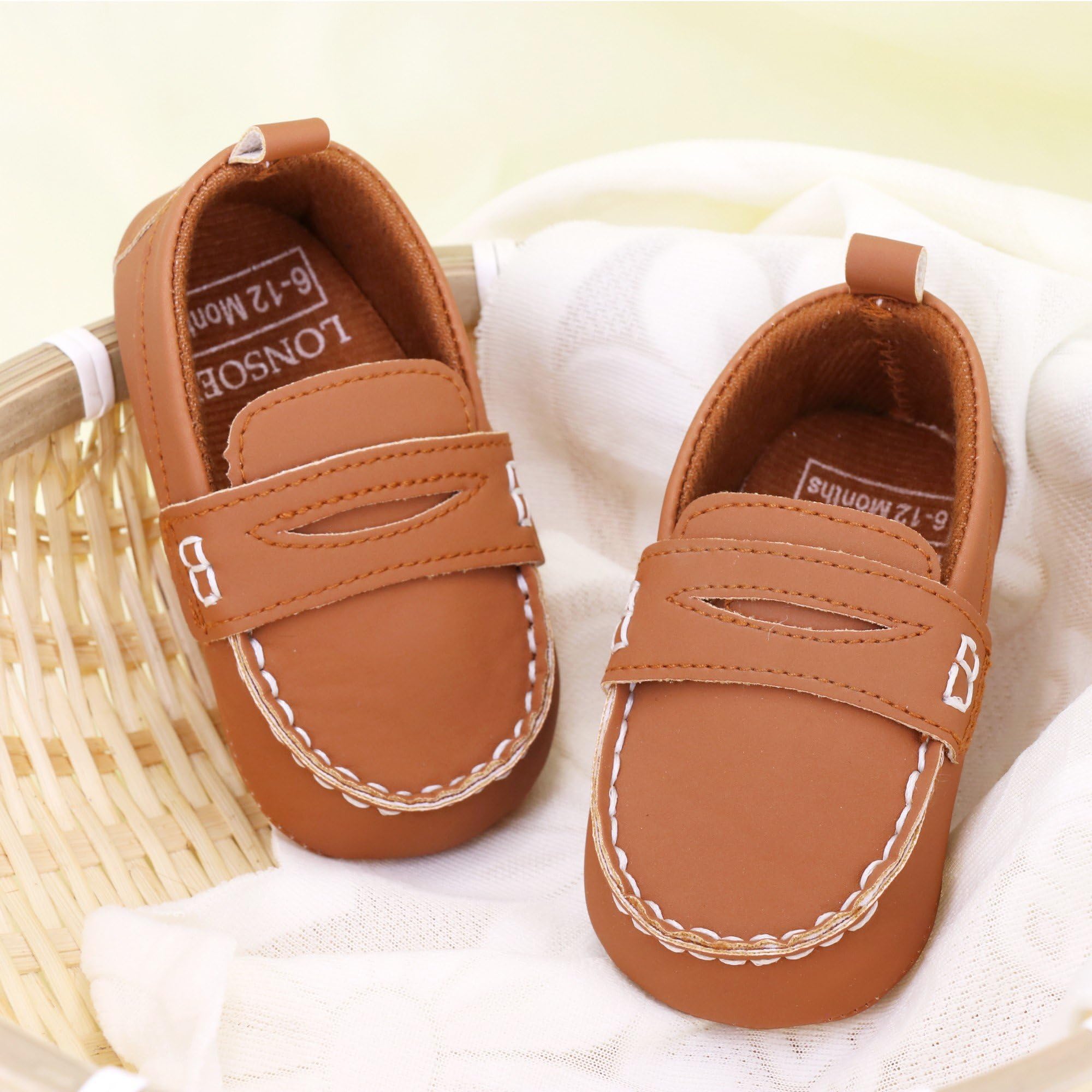LONSOEN Baby Boys Girls Penny Loafers Infant Toddler Moccasins Soft Soles Dress Shoes with Box, BAY233 Brown 6-12months CN12