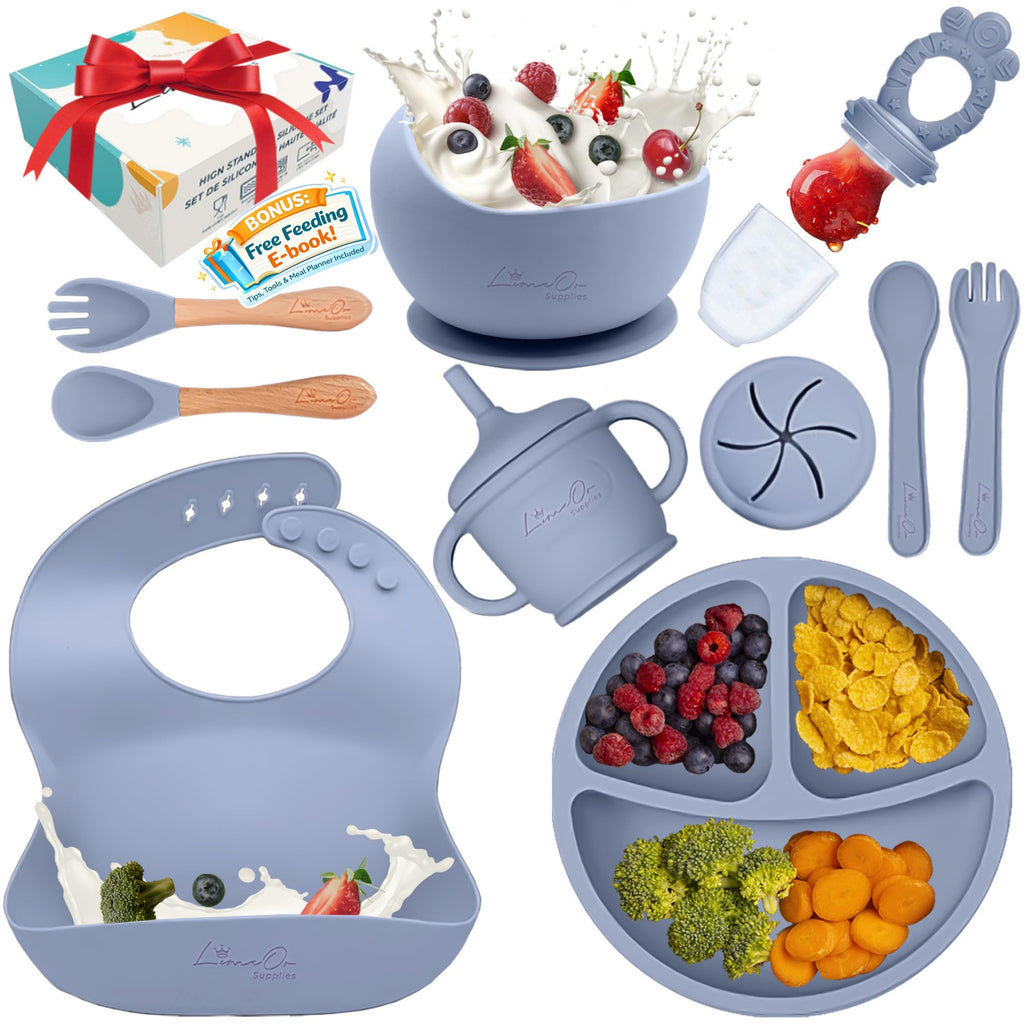 Silicone Baby Feeding Set, Suction Plates Bowls Bibs for Self Feeding –Gray