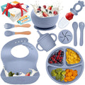 Silicone Baby Feeding Set, Suction Plates Bowls Bibs for Self Feeding –Gray