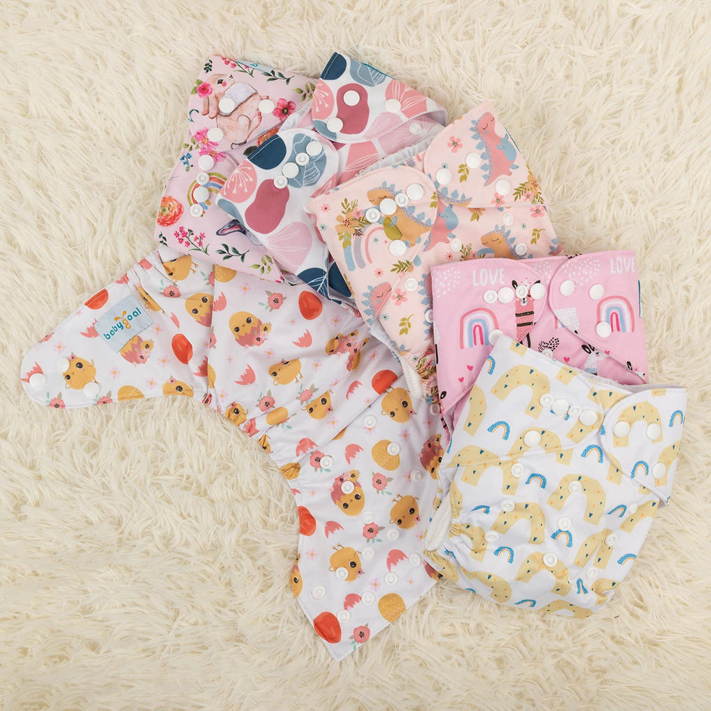 babygoal Reusable Cloth Diapers 6 Pack with 10pcs Inserts, One Size Adjustable Washable Pocket Nappy Covers for Baby Girls and Boys 6FG25