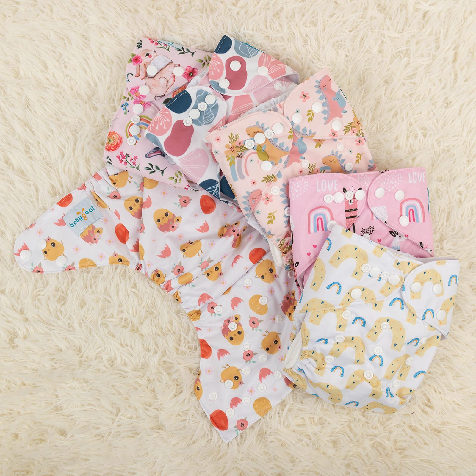 babygoal Reusable Cloth Diapers 6 Pack with 10pcs Inserts, One Size Adjustable Washable Pocket Nappy Covers for Baby Girls and Boys 6FG25