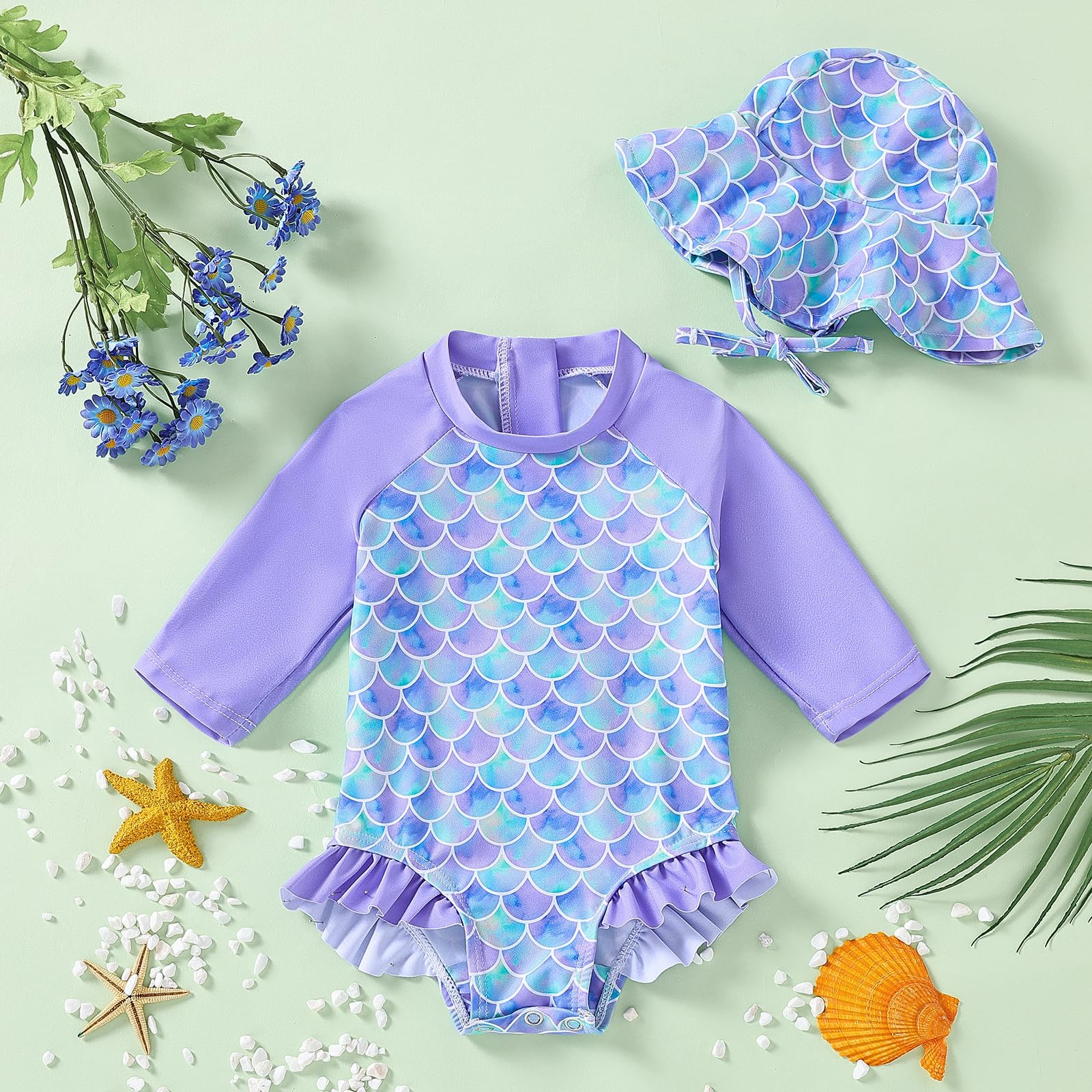 WOLBAY Baby Girl Swimsuit Long Sleeve One Piece Rash Guard with Sun Hat Zipper Bathing Suit Size 0-2T (US, Age, 0 Months, 3 Months, Purple)