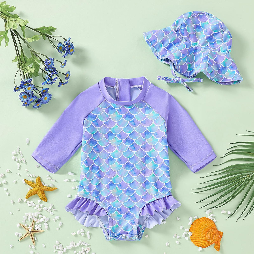 WOLBAY Baby Girl Swimsuit Long Sleeve One Piece Rash Guard with Sun Hat Zipper Bathing Suit Size 0-2T (US, Age, 3 Months, 6 Months, Purple)