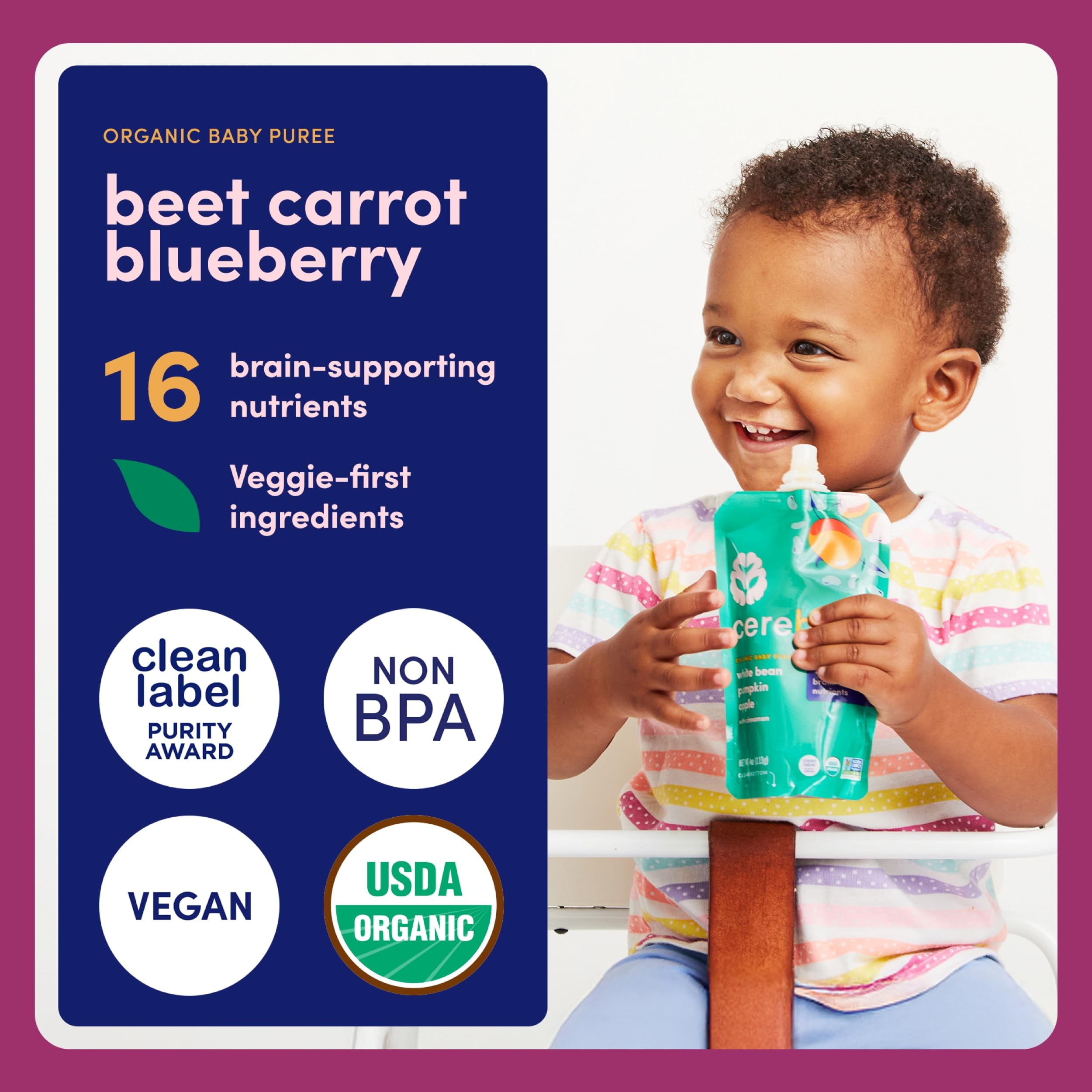 Cerebelly Organic Baby Food Pouches, Beet Carrot Blueberry Purees, 16 Nutrients, No Added Sugar, Fiber & Non-GMO, 4oz, 6 Pack