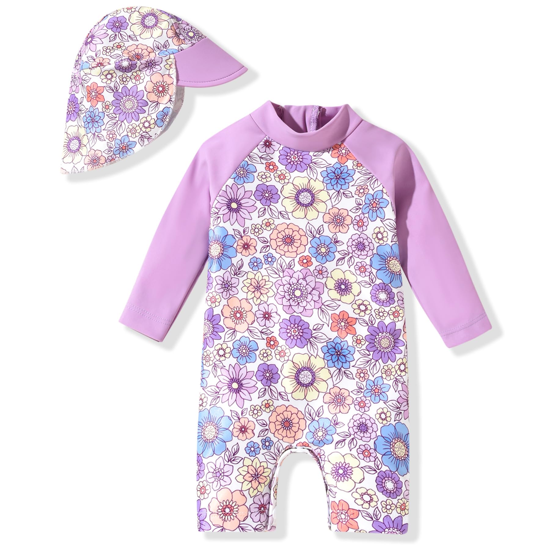 0-3 Months Newborn Infant Baby Girls One Piece Long Sleeve Swimsuit Floral Bathing Suit Flower Swimwear Beach Wear Purple