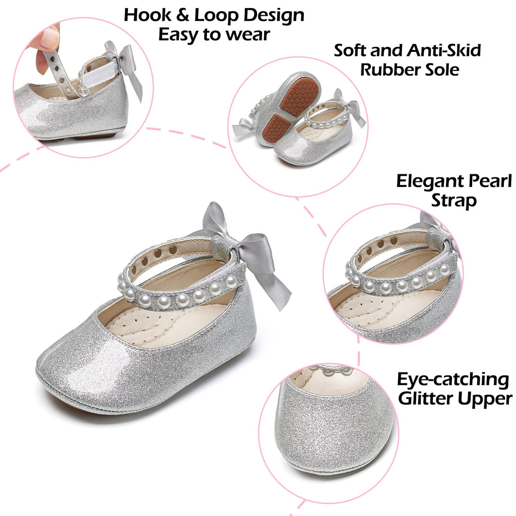 PHIRAMIN Baby Girls Glitter Silver Mary Jane Flats - Infant 18-24 Months Walking Shoes Soft Rubber Sole Princess Wedding