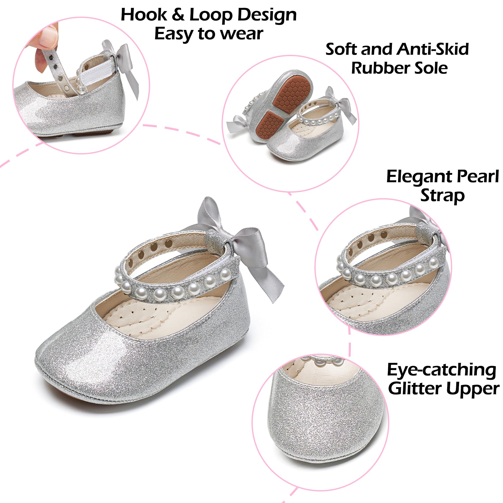 PHIRAMIN Baby Girls Glitter Silver Mary Jane Flats - Infant 18-24 Months Walking Shoes Soft Rubber Sole Princess Wedding