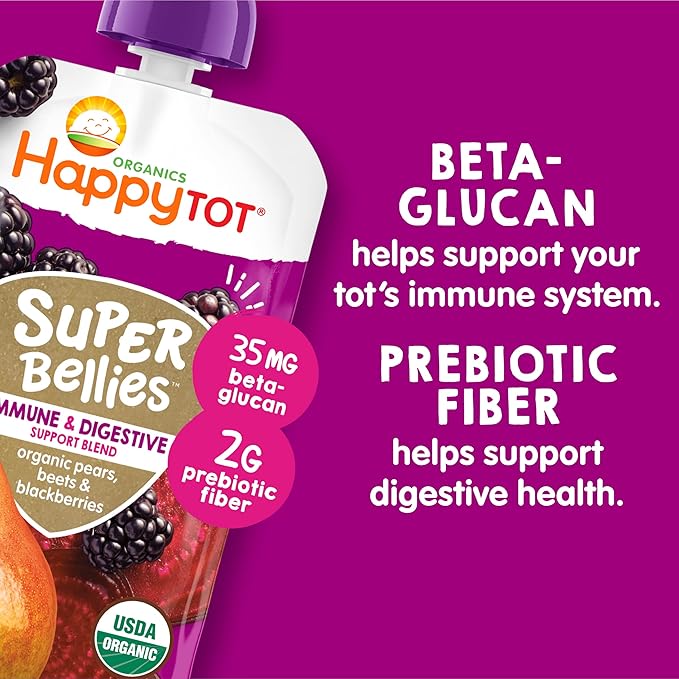 Happy Tot Organics Stage 4 Baby Food Pouches, Gluten Free, Vegan Snack, Super Bellies, Fruit & Veggie Puree, Pears, Beets & Blackberries 4 Ounce (Pack of 16)