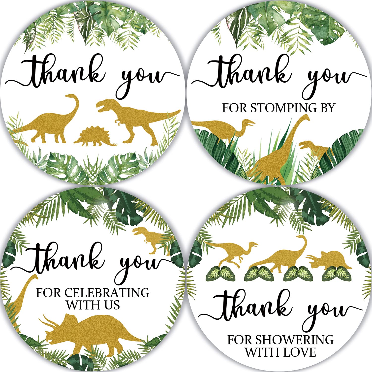 80 Pieces Cute Dinosaur Thank You Stickers, Boy Baby Shower Birthday Party Decorate Watercolor Little Dino Themed Round Party Gift Wrap Bag Label Decorations, 4 Design Stickers