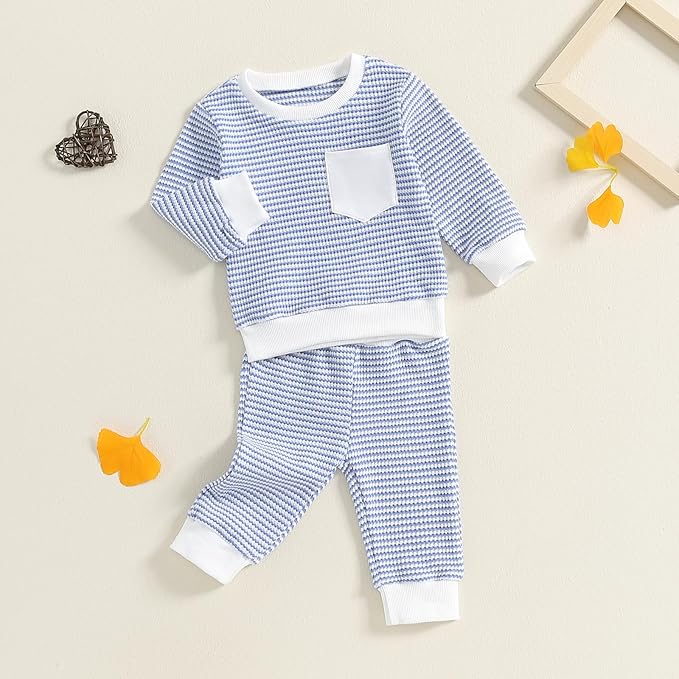 Toddler Baby Boy Fall Clothes Waffle Outfit Long Sleeve Color Blocking Sweatshirt Pullover Jogger Pant Set