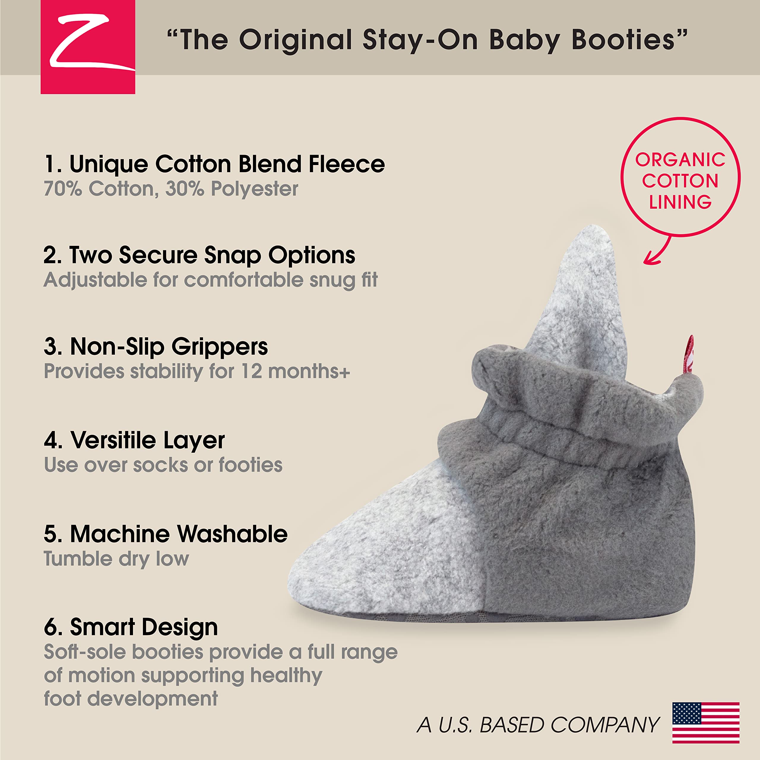 Zutano Unisex Fleece Baby Booties with Organic Cotton Lining, Newborn Essentials, Heather Gray/Gray, 6 Months