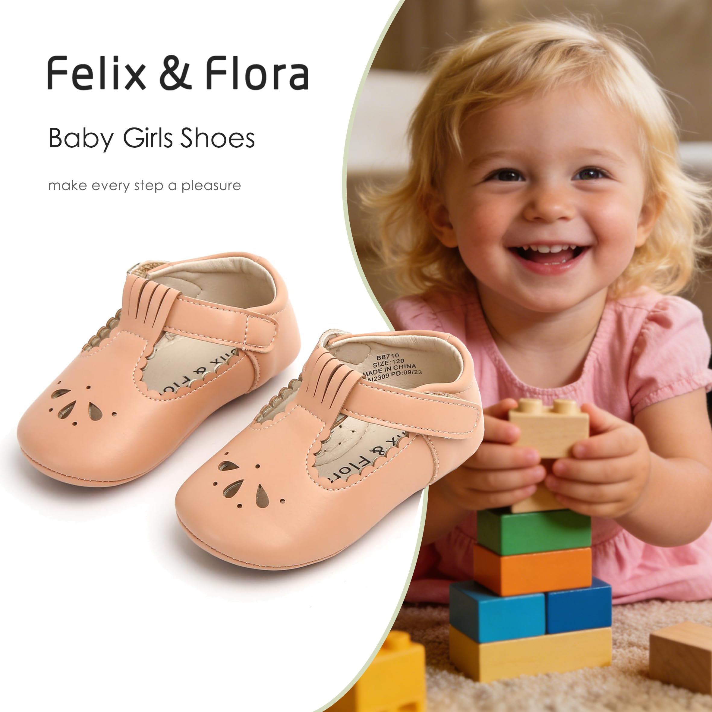 Felix & Flora Soft Sole Nude Baby Dress Shoes - Infant Baby Walking Shoes Moccasins Rubber Sole Crib Shoes(Nude,9-12Months Infant)