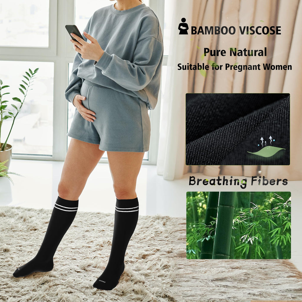 LEVSOX Viscose Made from Bamboo Compression Socks for Pregnant Women 20-30 mmHg Knee High Cute Funny Mens Supports Socks for Nurses, Medical, Travel and Flight, Black