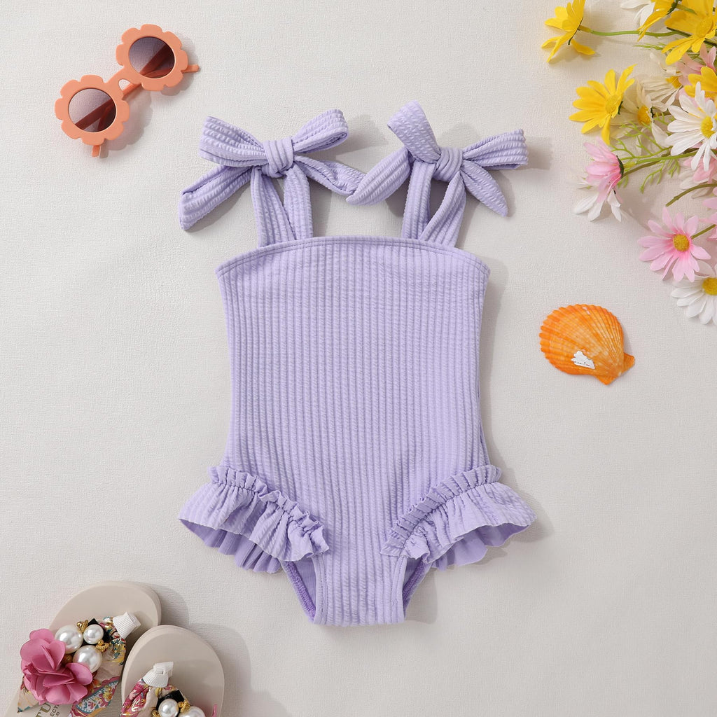 Toddler Swimsuit Girl Solid Color Stripe One-Piece Baby Bathing Suits (Purple, 6-9 Months)