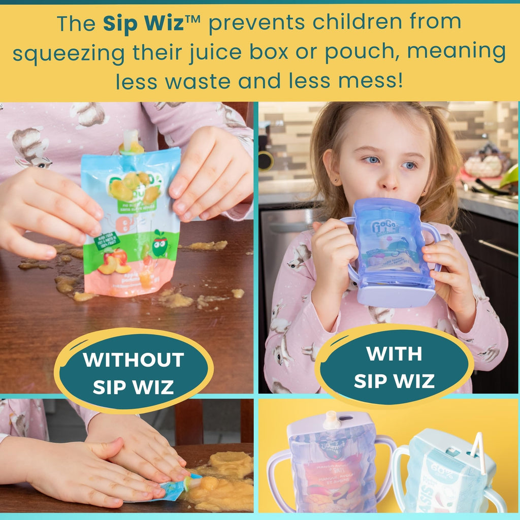 Dinneractive Sip Wiz - Baby Pouch Holder & Juice Box Holder - Anti-Squeeze Yogurt Pouch Reusable Toddler Essentials 2 Pack