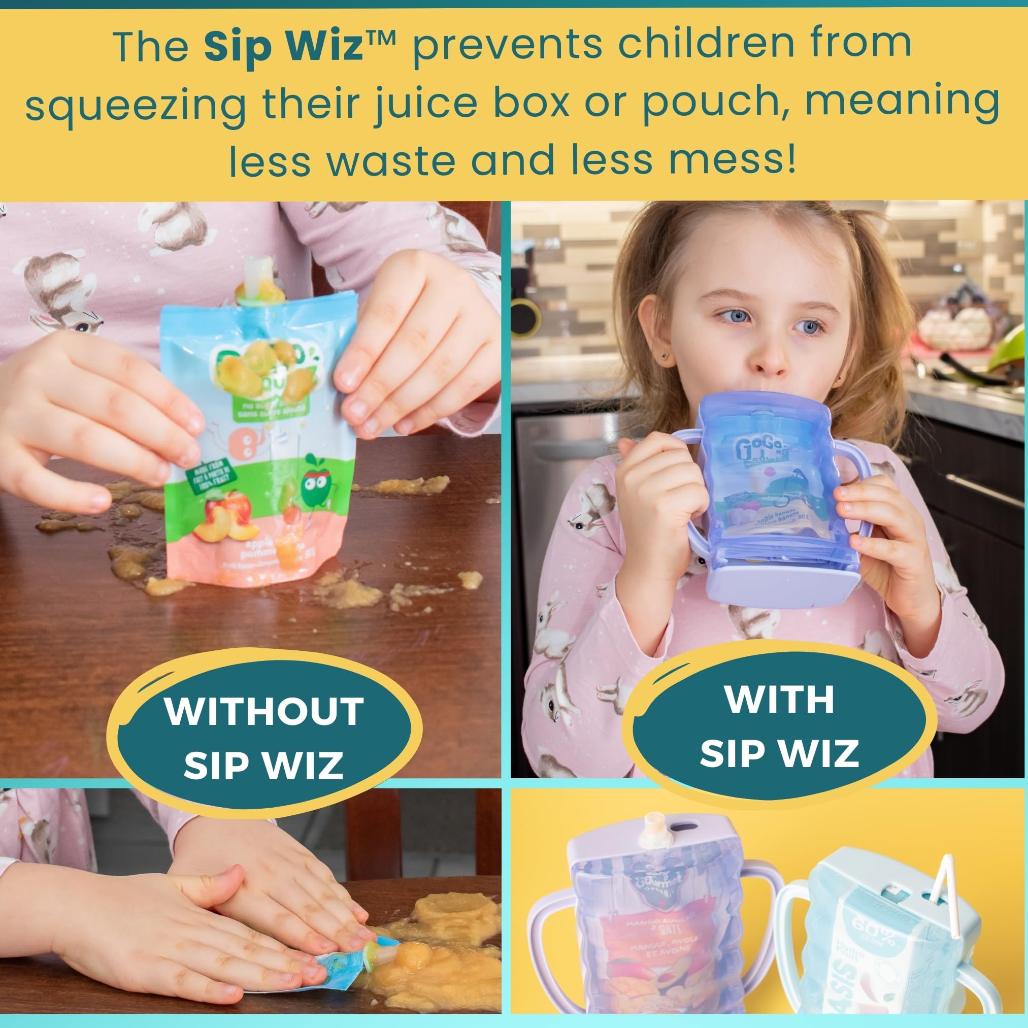 Dinneractive Sip Wiz - Baby Pouch Holder & Juice Box Holder - Anti-Squeeze Yogurt Pouch Reusable Toddler Essentials 2 Pack
