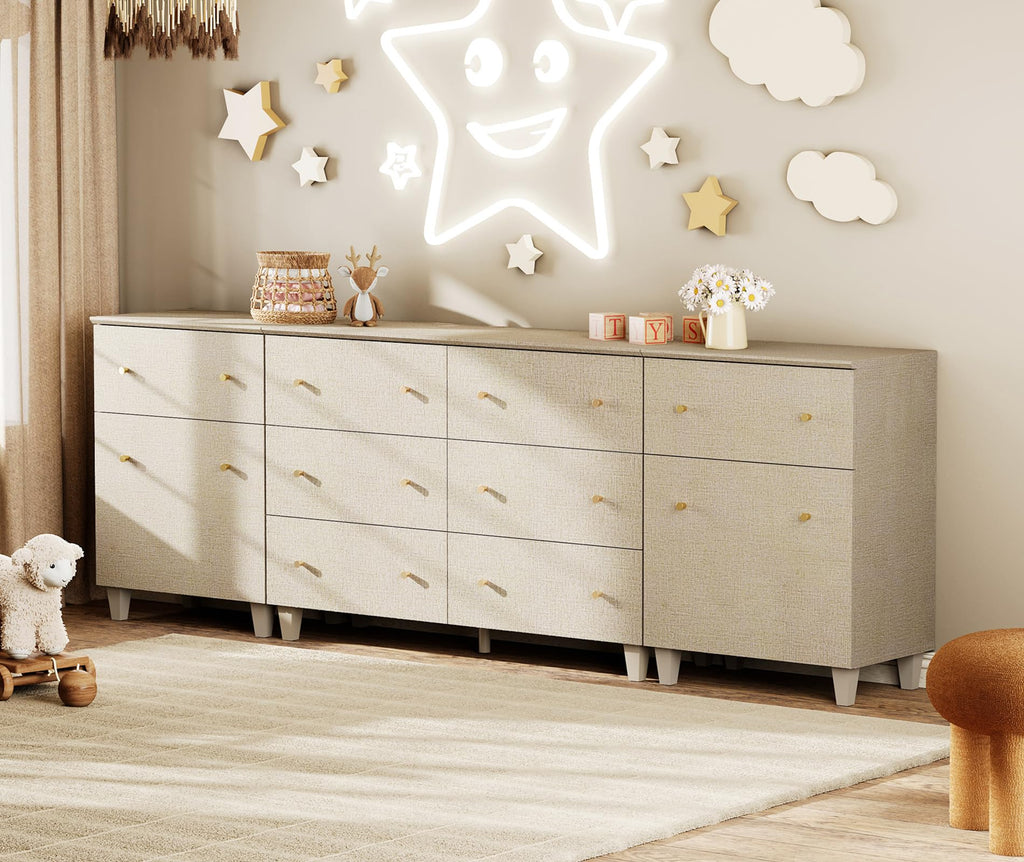 WAMPAT Dresser with 2 Doors & 8 Drawers for Bedroom, 2-in-1 Wood Chest of Drawers, 94.4" Wide Modern Closet Storage Organizer with Adjustable Shelves for Kids Room, Beige Linen Printed Finish