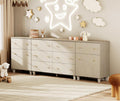 WAMPAT Dresser with 2 Doors & 8 Drawers for Bedroom, 2-in-1 Wood Chest of Drawers, 94.4" Wide Modern Closet Storage Organizer with Adjustable Shelves for Kids Room, Beige Linen Printed Finish