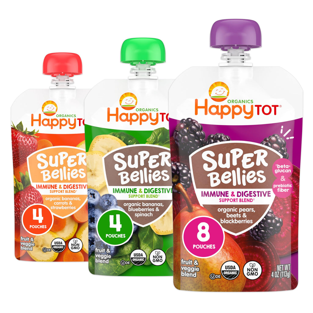 Happy Tot Organics Stage 4 Baby Food Pouches, Gluten Free, Vegan Snack, Super Bellies, Fruit & Veggie Puree, Variety Pack, 4 Ounce (Pack of 16), Amazon Exclusive