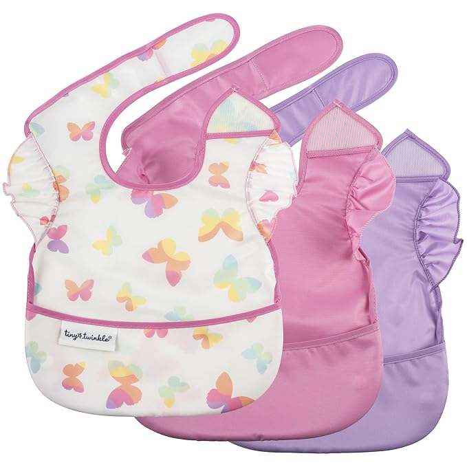 Tiny Twinkle Mess Proof Baby Bibs for Eating – Waterproof, Wipeable Toddler Bibs with Pocket – Baby Food Bibs for Girls & Boys(3 Pack,Butterfly)