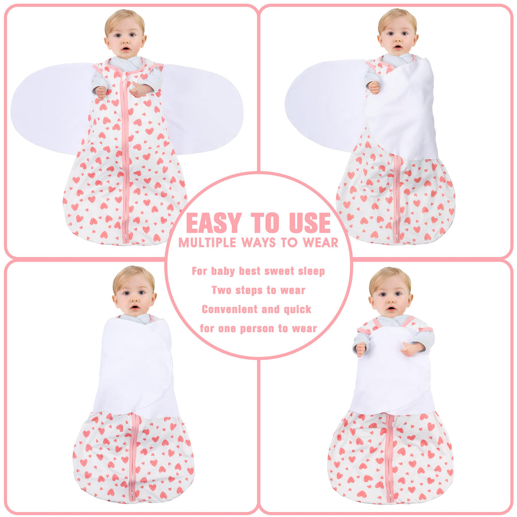 BSTOPPT Newborn Sleep Sack Baby Swaddle,3-6 Months,3-Way Adjustable Wearable Blanket,100% Rayon Cotton Swaddling Sleeping Bag，TOG 0.5（Heart&Floral）