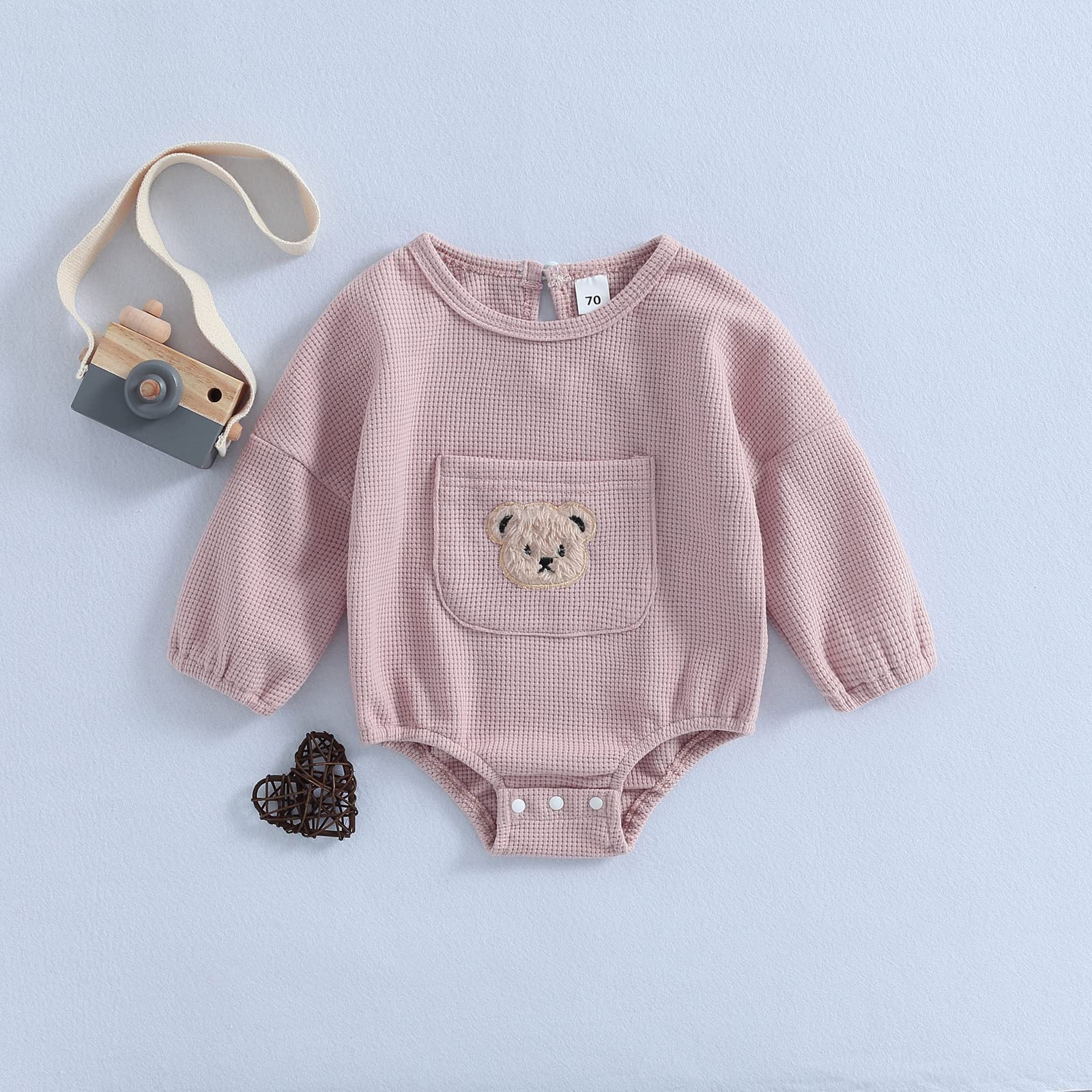Cute Baby Sweatshirt Romper Waffle Knit Baby Clothes Infant Girl Boy Fall Winter Outfits (Pink-a, 6-12 Months)