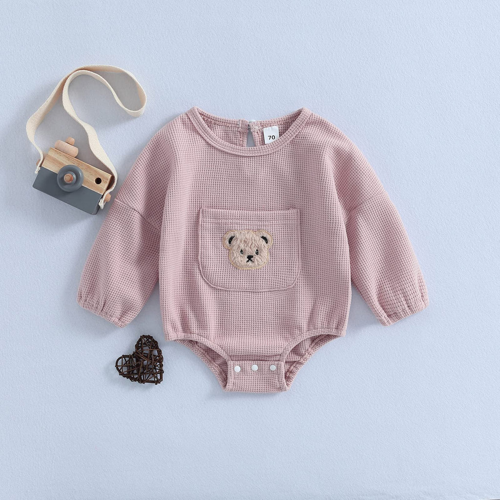 Cute Baby Sweatshirt Romper Waffle Knit Baby Clothes Infant Girl Boy Fall Winter Outfits (Pink-a, 18-24 Months)