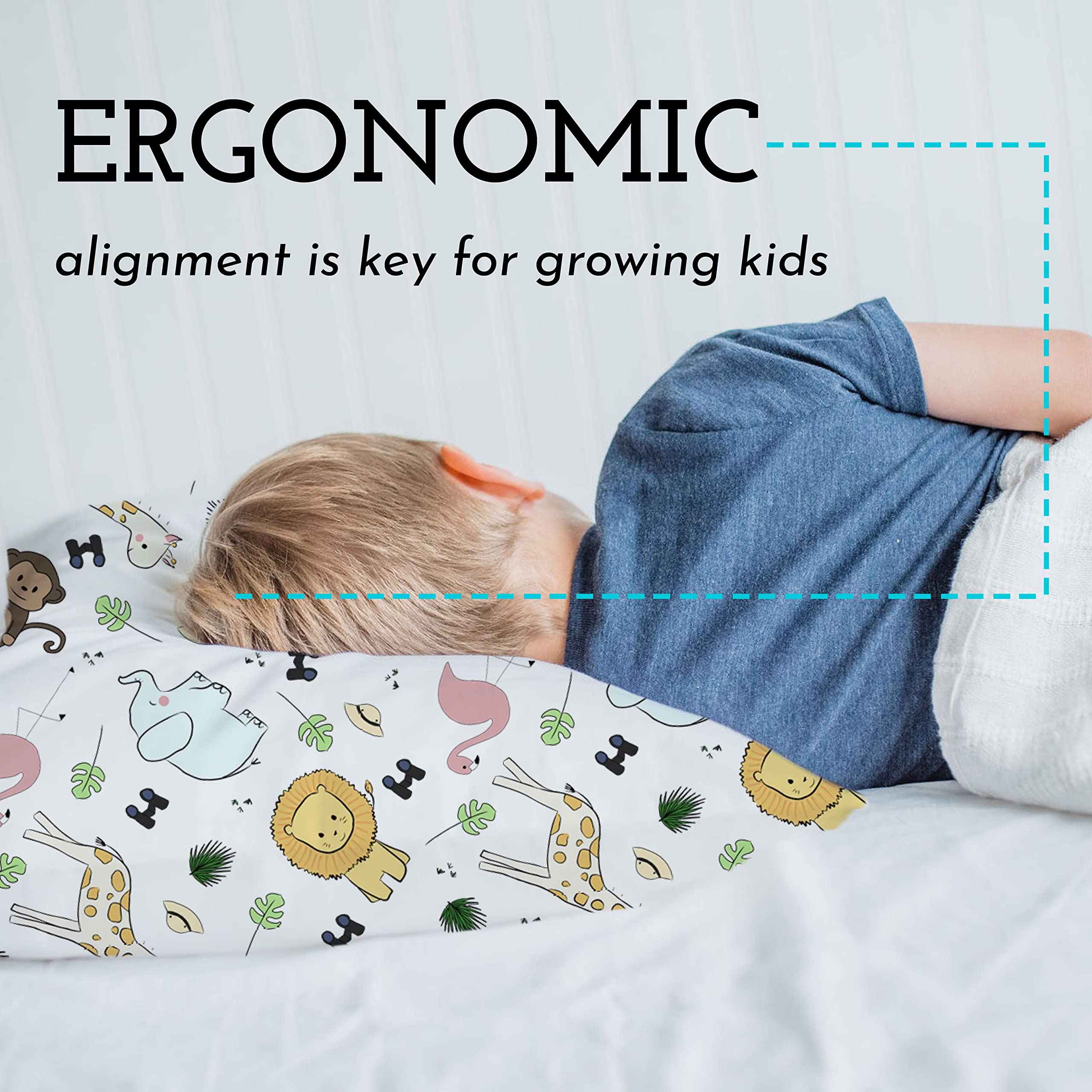 Toddler Bed Pillow with Cotton Pillow Case – 13x18 Kids Pillows for Sleeping, School, Travel & Daycare – Hypoallergenic Toddler Pillow 2 Year Old to 5 with Envelope Pillowcase (Safari)