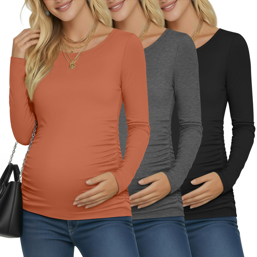 Ficerd 3 Pack Women's Maternity Long Sleeve Shirts, 3-Color Set, XX-Large